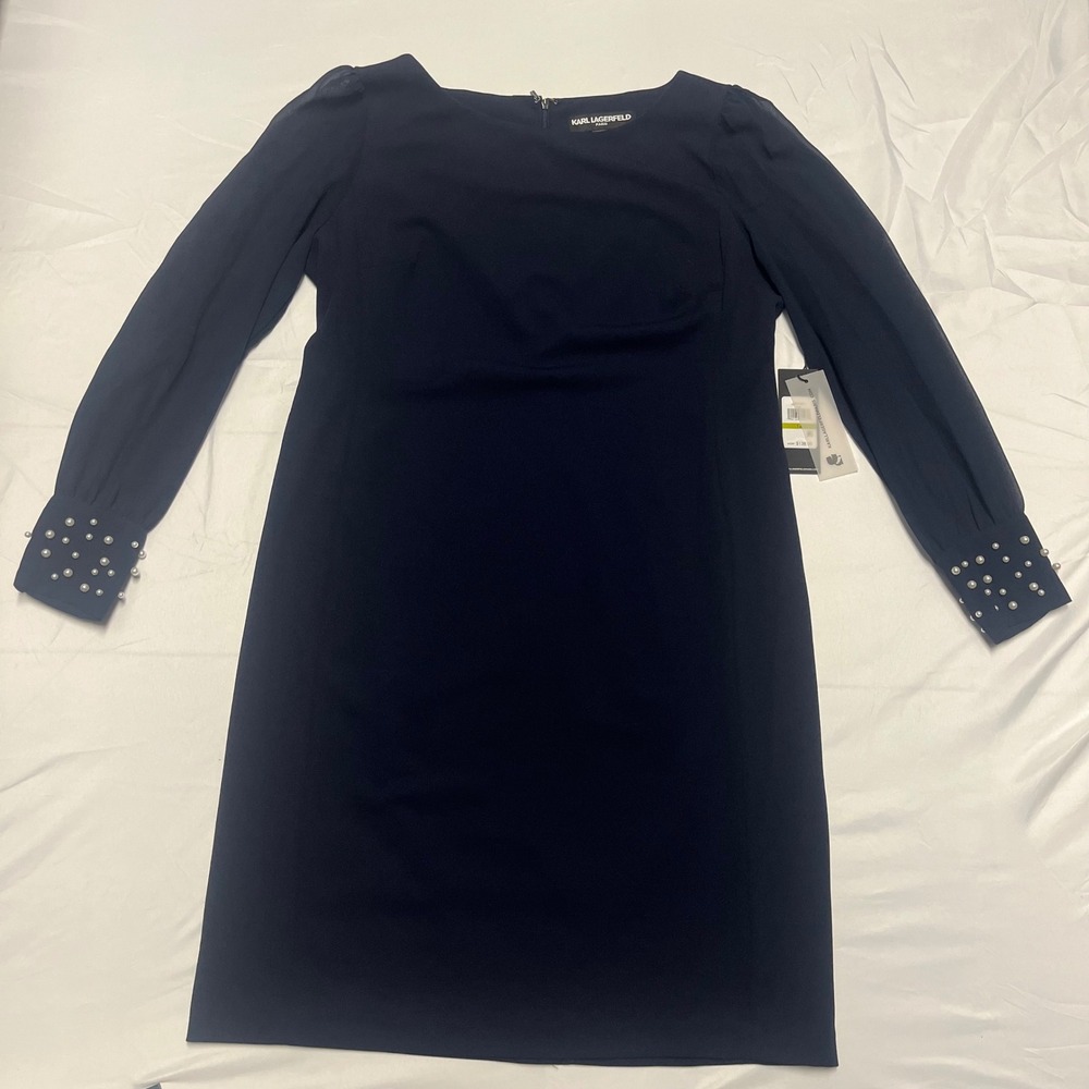 NEW! Karl Lagerfeld Navy Blue Pearl Sleeve Dress Size 14 NWT - Picture 3 of 8